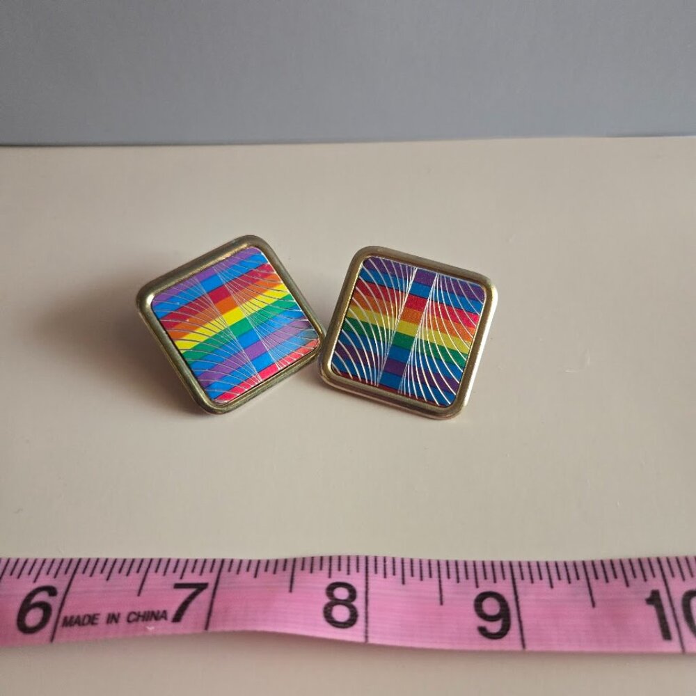 Vintage 1980s Rainbow Clip On Earrings Graphic Square Statement‎ Earrings